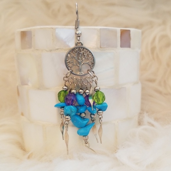 Boho Tree of Life Earrings Blue Purple Green - Picture 3 of 4